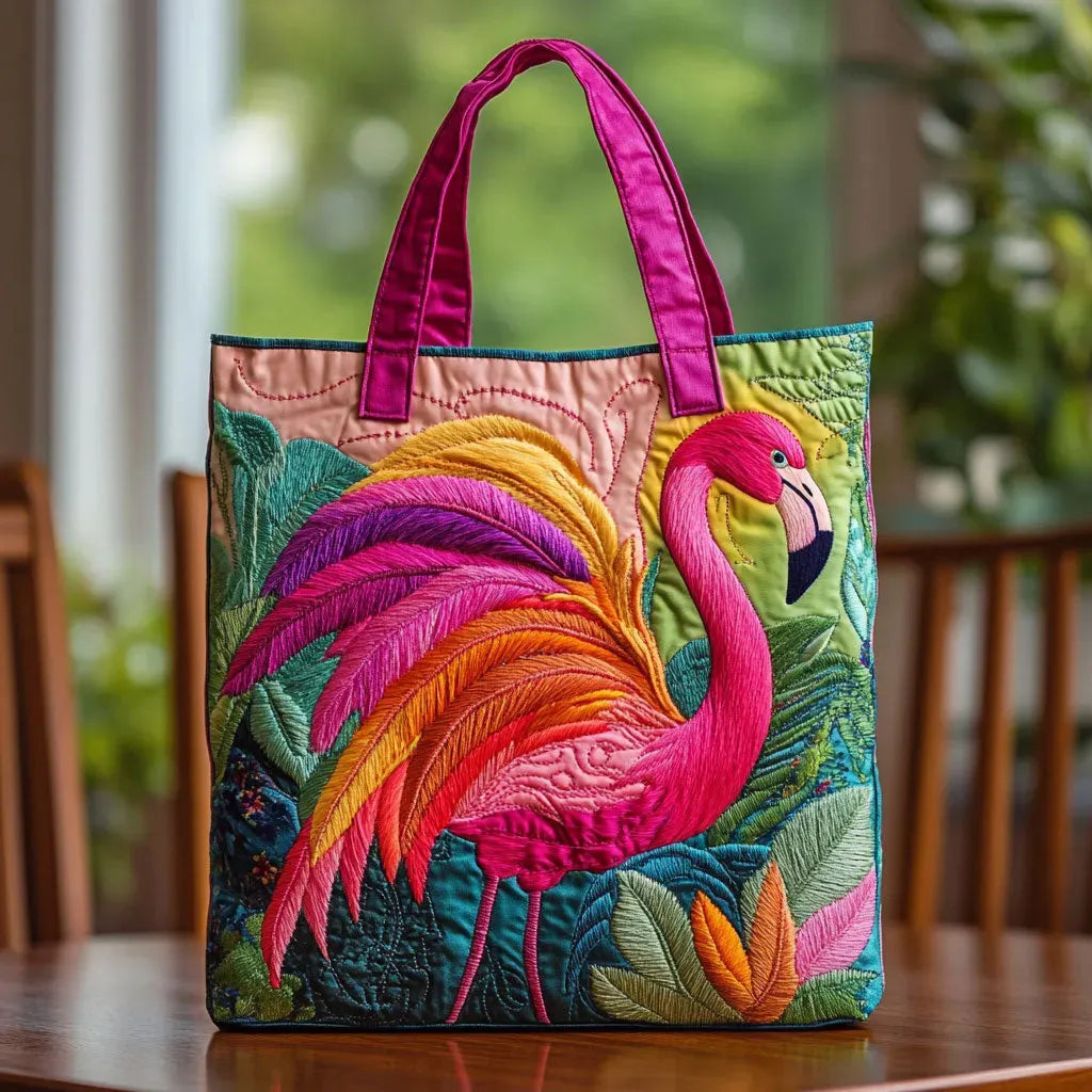 Tikattu kangaskassi – Sateenkaariflamingo